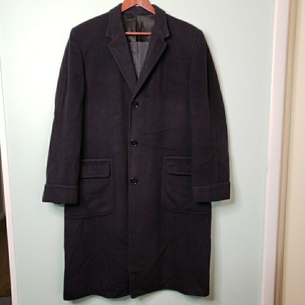 Vtg 100% CASHMERE Black Overcoat Single Breast Bespoke Zuckers 1950s Mens Sz 42R
